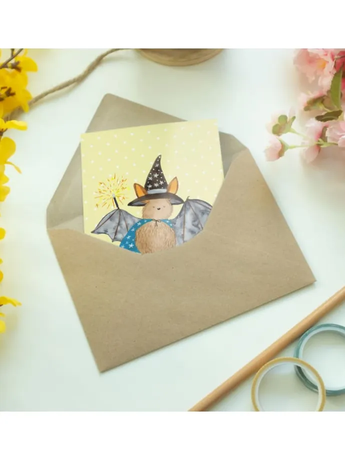 Glückwunschkarte Fledermaus Zauberer ohne Spruch in Gelb Pastell