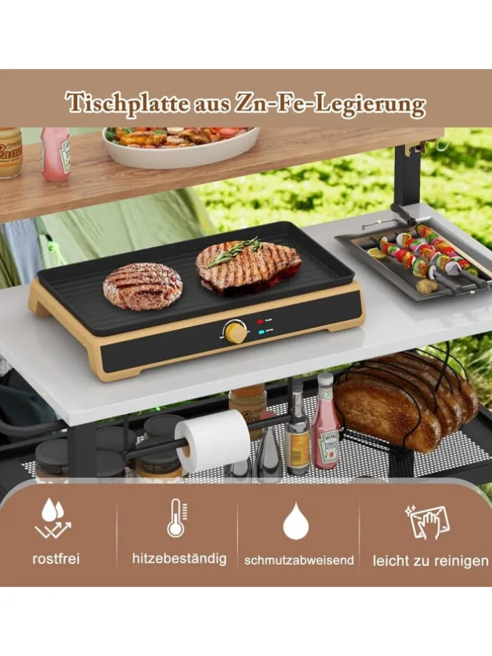 Grillwagen mit aufklappbarem Tisch in Schwarz