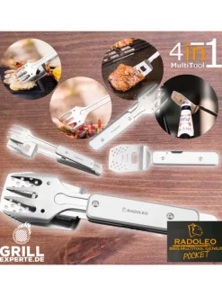 Grillwerkzeug Grill-Multi-Tool GENIUS POCKET 4in1 Grillbesteck in silber
