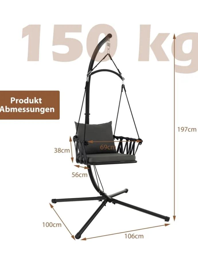 Hängesessel mit Gestell & Aufhängegurt bis 150kg in Grau