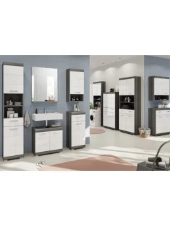 Hochschrank in Rauchsilber/weiß hochglanz - (B) 37 x (H) 191 x (T) 31