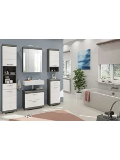 Hochschrank in Rauchsilber/weiß hochglanz - (B) 37 x (H) 191 x (T) 31