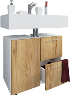 Holz Badmöbel Badunterschrank Flandu Schublade in Weiß / Honig-Eiche