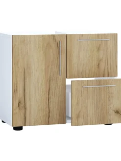 Holz Badmöbel Badunterschrank Flandu Schublade in Weiß / Honig-Eiche