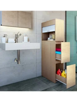 Holz Badmöbel Nischenschrank Schublade Tasalo in Honig-Eiche