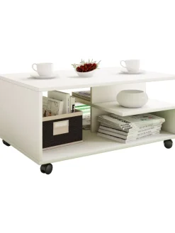 Holz Sofatisch Couchtisch Rollen rollbar Stango in Weiß