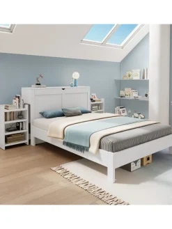 Holzbett Doppelbett mit Lattenrost und Nachttischen 140x200cm in Weiß