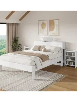 Holzbett Doppelbett mit Lattenrost und Nachttischen 140x200cm in Weiß