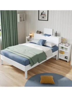 Holzbett Doppelbett mit Lattenrost und Nachttischen 140x200cm in Weiß