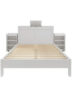 Holzbett Doppelbett mit Lattenrost und Nachttischen 140x200cm in Weiß