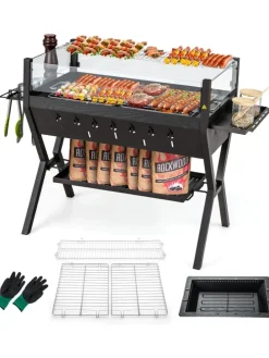 Holzkohlegrill mit Windschutz in Schwarz