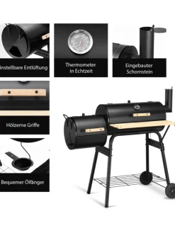 Holzkohlegrill Räucher-/Grillfunktion 2 in 1 in Schwarz