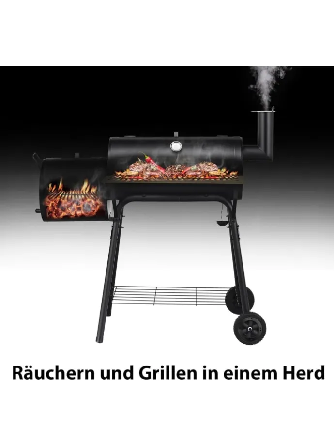 Holzkohlegrill Räucher-/Grillfunktion 2 in 1 in Schwarz