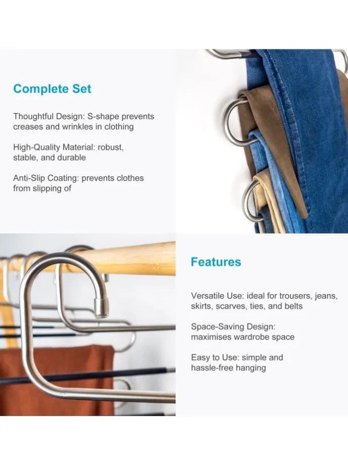 Hosenbügel S-Form Edelstahl Kleiderbügel in 5 Stück Silber