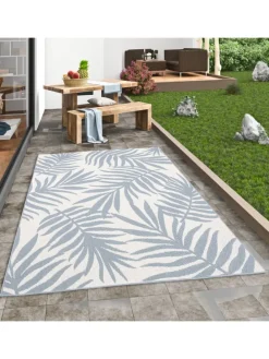 In & Outdoor Teppich Flachgewebe Marbella Blätter in Blau