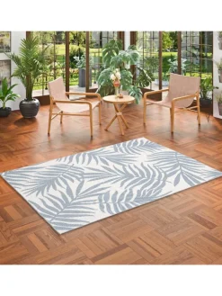 In & Outdoor Teppich Flachgewebe Marbella Blätter in Blau