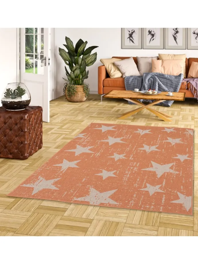 In & Outdoor Teppich Flachgewebe Marbella Sterne in Orange