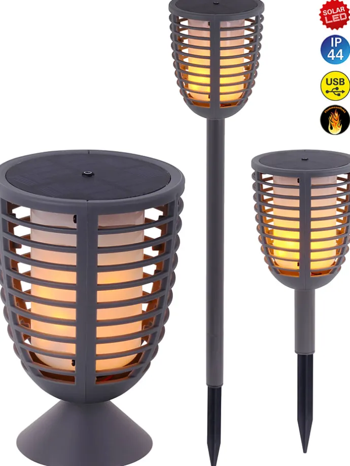 2in1-LED-Solar-Gartenstecker "Fackel" in Grau
