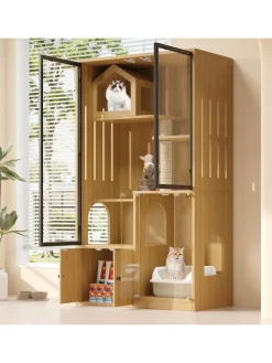 Katzenkäfig mit Kratzpfosten in Ahornholzfarbe - 90*50*160cm