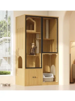 Katzenkäfig mit Kratzpfosten in Ahornholzfarbe - 90*50*160cm