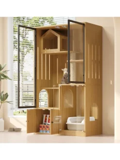 Katzenkäfig mit Kratzpfosten in Ahornholzfarbe - 90*50*160cm