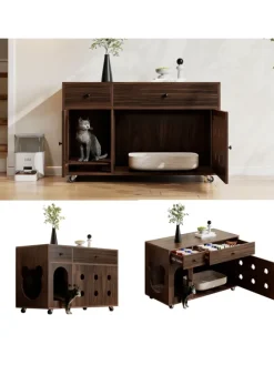 Katzenkloschrank mit abnehmbare Sandablassplatte in Nussbaumfarbe - 100×45×66cm