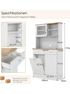 Küchenschrank für 45 L Mülleimer 100 x 34 x 172 cm in Weiß