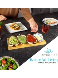 Keramik Dip-Schalen Set mit Holz-Tablett in Blau - Weiß