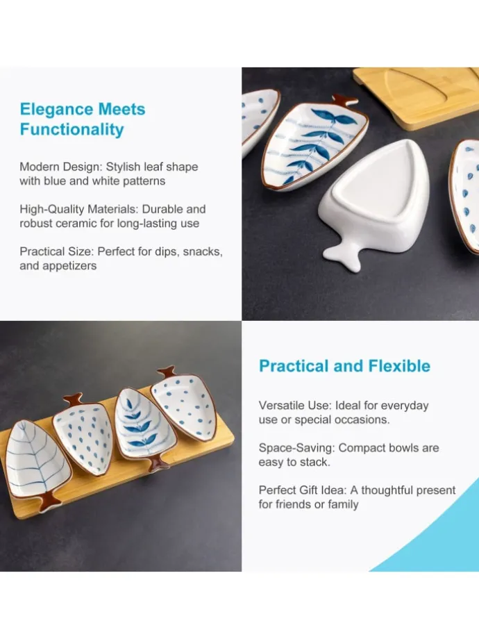 Keramik Dip-Schalen Set mit Holz-Tablett in Blau - Weiß