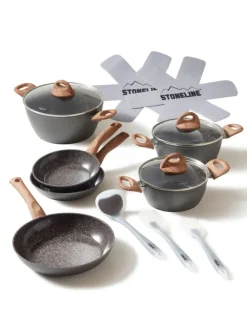 Keramik Kochgeschirr-Set 14-teilig | mit Deckeln in Holzoptik