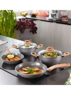 Keramik Kochgeschirr-Set 14-teilig | mit Deckeln in Holzoptik