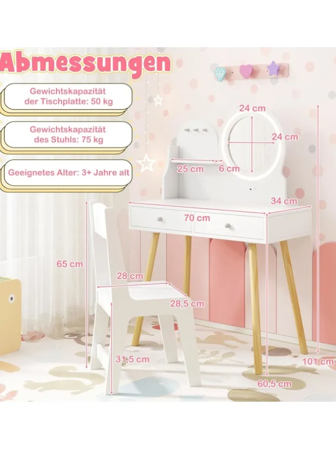 Kinder Schminktisch Set mit Beleuchtung ab 3 Jahren in Weiß