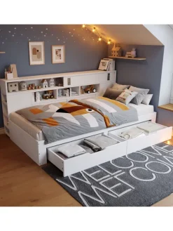 Kinderbett in Weiß mit Schubladen Regal und Bettkasten 90x200 cm ohne Matratze