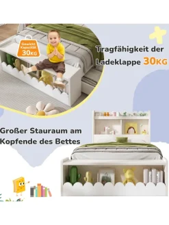 Kinderbett in Weiß mit Stauraum Sitzbank und Regal 90x190 cm ohne Matratze