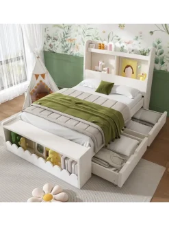 Kinderbett in Weiß mit Stauraum Sitzbank und Regal 90x190 cm ohne Matratze