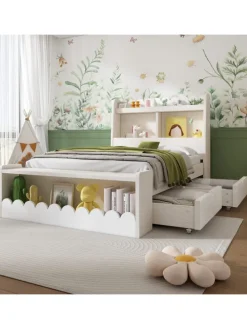 Kinderbett in Weiß mit Stauraum Sitzbank und Regal 90x190 cm ohne Matratze