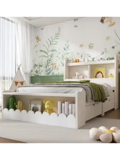 Kinderbett in Weiß mit Stauraum Sitzbank und Regal 90x190 cm ohne Matratze