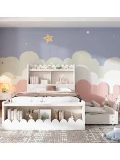 Kinderbett in Weiß mit Stauraum Sitzbank und Regal 90x190 cm ohne Matratze