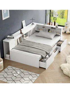 Kinderbett in Weiß 90x200 cm mit Schubladen Regal und Bettkasten ohne Matratze