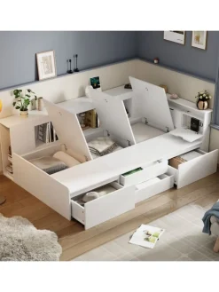 Kinderbett in Weiß 90x200 cm mit Schubladen Regal und Bettkasten ohne Matratze