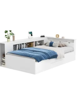 Kinderbett in Weiß 90x200 cm mit Schubladen Regal und Bettkasten ohne Matratze