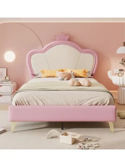 Kinderbett Kopfteil mit Krone in Rosa und Weiß, 90x200cm