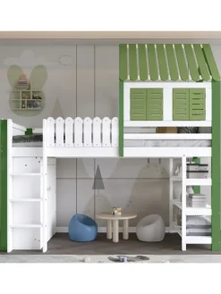 Kinderbett mit Fallschutzgitter und Kleiderschrank in Weiß+Grün, 90x200