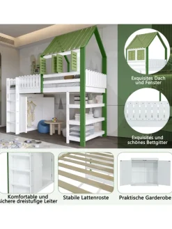 Kinderbett mit Fallschutzgitter und Kleiderschrank in Weiß+Grün, 90x200