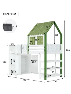 Kinderbett mit Fallschutzgitter und Kleiderschrank in Weiß+Grün, 90x200