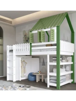 Kinderbett mit Fallschutzgitter und Kleiderschrank in Weiß+Grün, 90x200