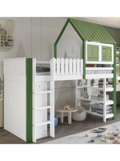 Kinderbett mit Fallschutzgitter und Kleiderschrank in Weiß+Grün, 90x200