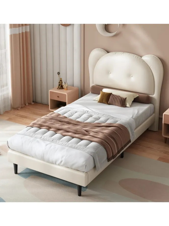 Kinderbett mit Kopfteil in Tierform in Beige, 90x200cm