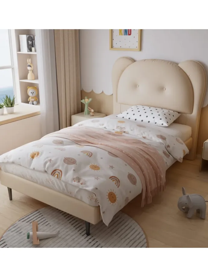 Kinderbett mit Kopfteil in Tierform in Beige, 90x200cm