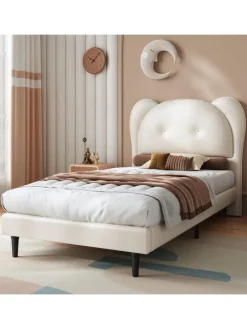 Kinderbett mit Kopfteil in Tierform in Beige, 90x200cm